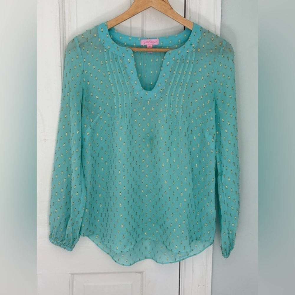 Lilly Pulitzer Colby Silk Tunic Top – Seaside Aqua Crinkle Clip Jacquard – XS